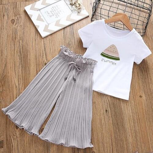 For 3-11 Years Girls Summer Chiffon Clothing Set Outfit T-Shirt+Pants 2PCS Children Casual Suit Kids Costume