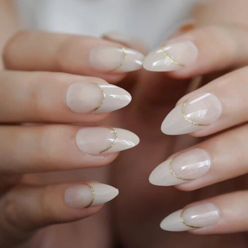 Elegance Beige False Nails Natural Medium Stiletto French Fingernails Gold Smile Line Designed Manicure Tips