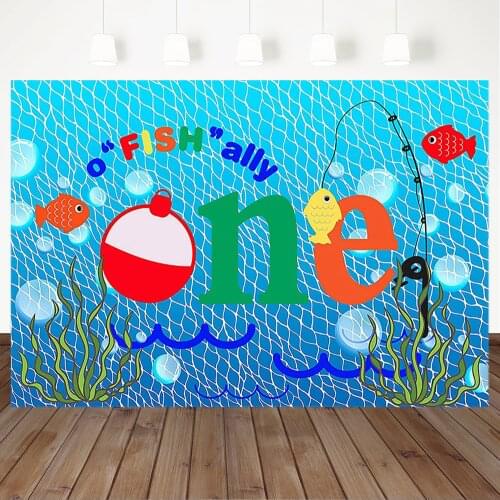 Gone Fishing 1st Birthday Backdrops Blue Fish Ally Nets Bubbles Photography Background First Birthday Photo Studio Booth Props