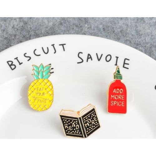 Cartoon pins Pineapple EAT YOUR FRUIT ADD MORE SPICE READ MORE Brooch Denim Jacket Pin Badge Fashion Jewelry gift for friends
