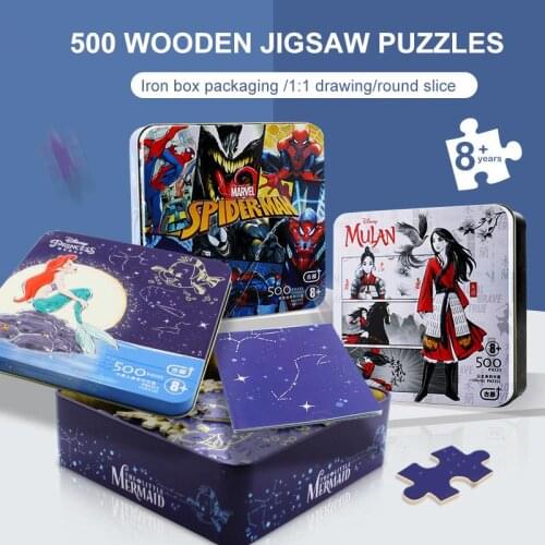 500p Disney Frozen Spider-man Mulan Princess Wooden Cartoon Puzzle With Iron Box Adult Antistress Children Educational Toy Gift