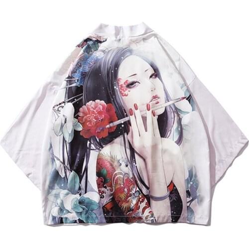 Harajuku Kimono Shirts Japanese Ukiyoe Floral Geisha Tattoo Hip Hop Men Streetwear Shirts Summer Gown Japan Style