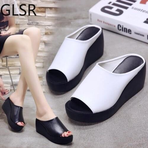 Women Sandals 7.5cm Platform Wedges Womens Shoes Thick Heel Open Peep Toe Sandals Leather Summer Style Slide Black Shoes