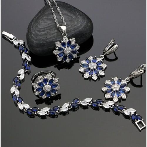 Blue Cubic Zirconia Jewelery 925 Sterling Silver Bride Jewelry Sets Earrings/Pendant/Necklace/Bracelet/Ring For Women