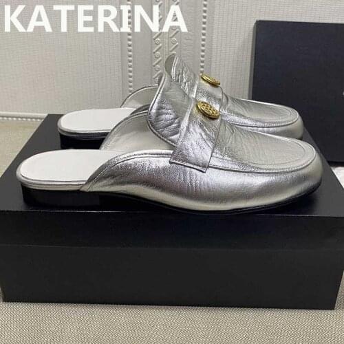 High Quality Brand Flat Closed Toe Slippers Women Real Leather Metal Mules Gold/Silve/Black Color Lazy Mules Slip On Slingback
