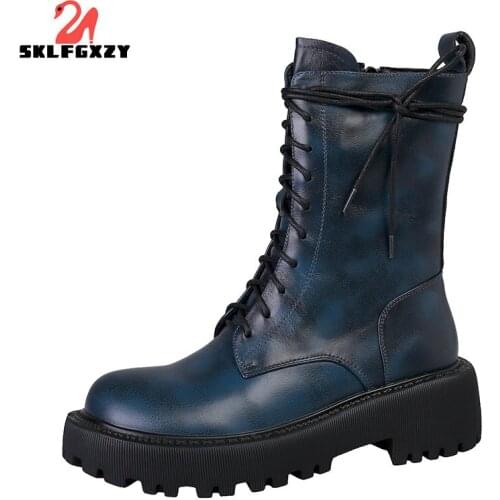 SKLFGXZY 2021 Autumn Ankle Boots Thick Heels Lace Up Round Toe Black Genuine Leather Motorcycle Boot Shoes Office