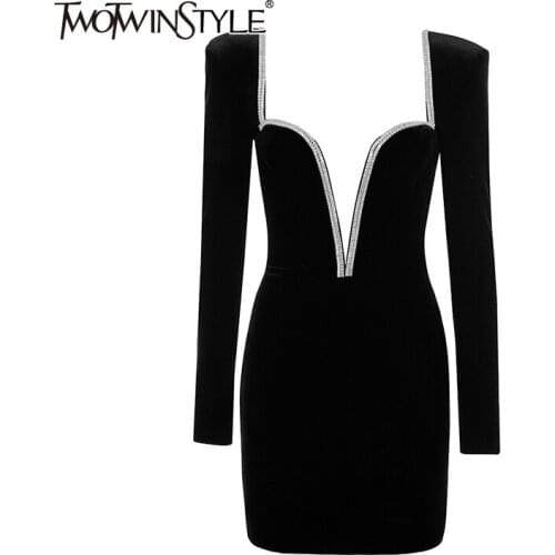 TWOTWINSTYLE Sexy Patchwork Diamond Dress For Women V Neck Long Sleeve High Waist Slim Party Dresses Female Fashion New Clothing