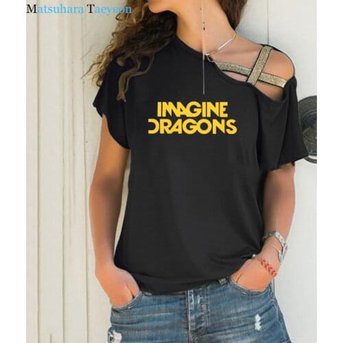 Woman t shirt Fashion Imagine Dragons Funny Tee Top Short Sleeve Female clothing T-Shirt Irregular Skew Cross Bandage Tshirt