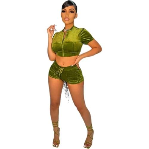 FiiShiMi Power Workout Clothing 2021 Plus Velvet 2 Piece Zip Top Shorts Skinny Stretch Matching Casual Fall Tracksuit Women