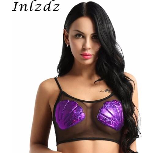 Womens Festival Tank Top Spaghetti Straps Sheer Rave Clothes Mesh Mermaid Sea Shell Mesh Vest Crop Tank Top Hot Sexy Clubwear