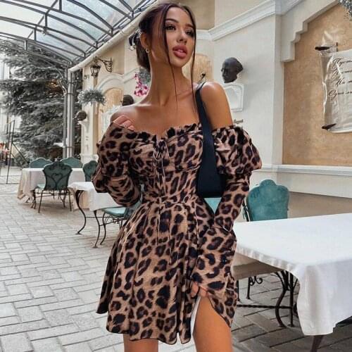 Leopard Mini Puff Sleeve Dress For Women Casual Off Shoulder Cotton Sexy Party Corset Vestidos Mujer Langarm Kleid Spring Ropa