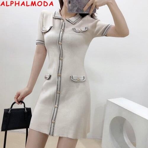 ALPHALMODA 2020 Summer Ladies Single Breasted Elegant Knit Dress Office Ladies Fashion Summer Short-sleeved Dress Simple Dress