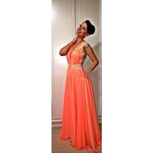 Vestido de festa Hot sexy illusion Prom gown 2018 V Neck Lace Appliques Coral Chiffon Long Party Sheer Back bridesmaid dresses