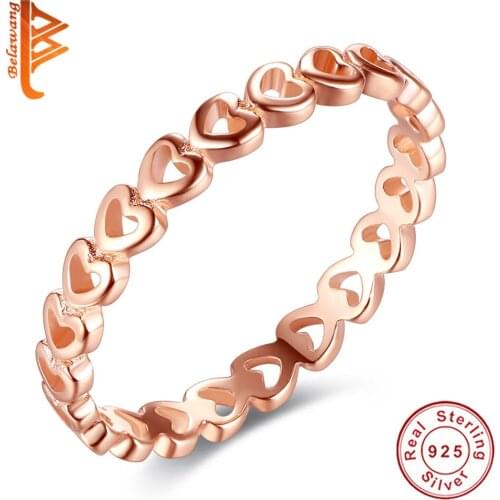 100% 925 Sterling Silver Hollow Tiny Heart Link Chain Ring With Rose Gold Plated Women jewelry S925 Ring