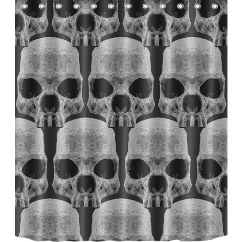 72'' Bathroom Waterproof Fabric Shower Curtain Polyester 12 Hooks Bath Accessory Sets Halloween Gray Skulls In Black Background