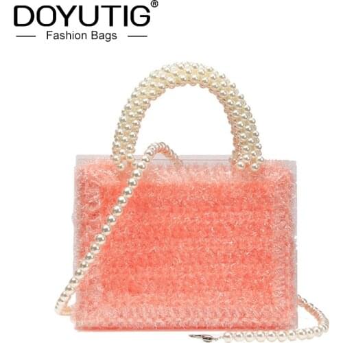 DOYUTIG New Acrylic Womens Handbag Pearl Beaded Single Shoulder Diagonal Cross Small Square Bag Lady Pink Hand Woven Bag A276