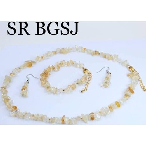 Free Shipping 6-8mm Yellow Quartz Citrine Genuine Natural Gems Stone Lady Chockers Necklace Bracelet Jewellry Set 17.5" 7-8"