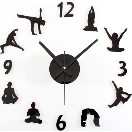 Large 3D DIY Wall Clock Yoga Black Quartz Clocks Watch Decoration Home for Living Room Bedroom