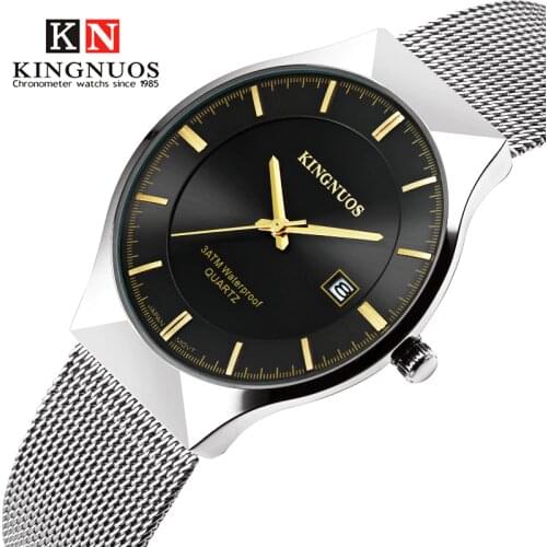2020 Kingnuos Brand Fashion Luxury Quartz Watch for Men Watches Ultra Thin Mesh Band Waterproof Calendar Date Clock Male Watches