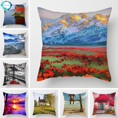 Oil Painting Tree Forest Sunrise Landscape Cushion Cover Beach Manor Decorative Pillow Case for Home Sofa Chair 45x45cm