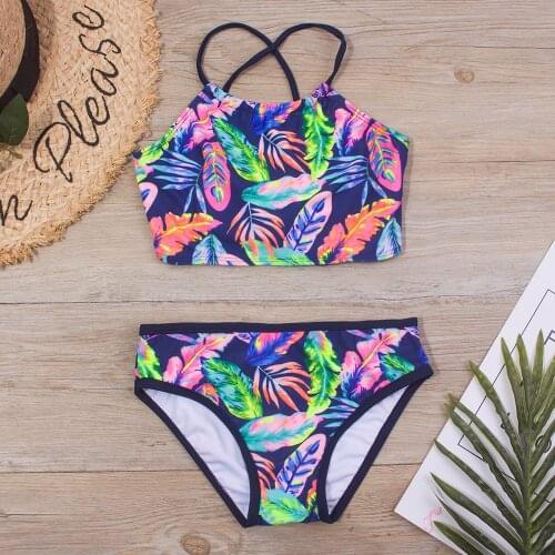 Childrens Swimwear for Teenage Girls Bandage Bikini Set Two Piece Retro Leaf print Swimwear Cross Back Kids Girl Bathing Suit
