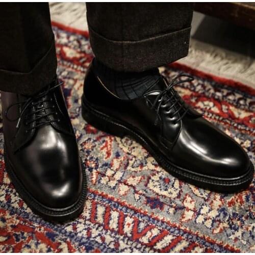 European mens first layer leather Derby shoes British formal business handmade leather shoes bright black leather shoes men