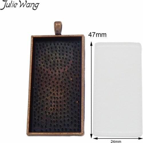 Julie Wang 1set Copper Tone Rectangle Bezel Pendant Tray Setting with Transparent Glass tile Cabochons Pendant Kit DIY Finding