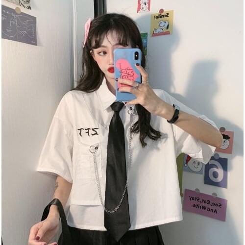 Korean Polo Collar Short Sleeve Retro Tooling Chain Embroidered Necktie Student Short Shirt Womens 2020 school girl uniform