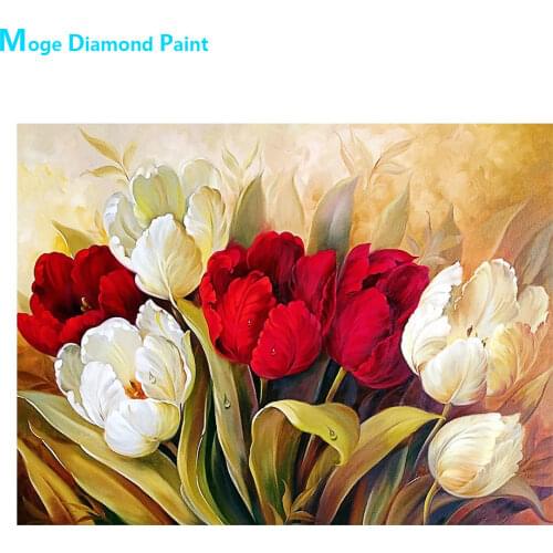 Red White Tulip Flowers Diamond Painting Round Full Drill Floral Nouveaute DIY Mosaic Embroidery 5D Cross Stitch Home Decor