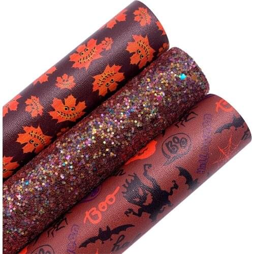 Wine Chunky Glitter Leather Fabric Halloween Pumpkins Printed Synthetic Leather Felt Backing For BOWS DIY 21X29CM G559