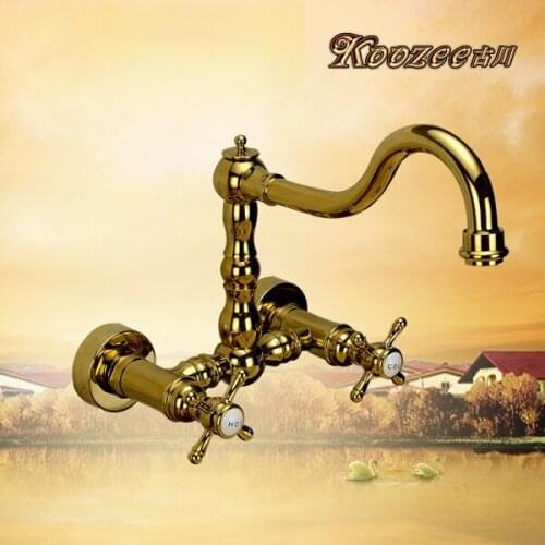 Furukawa copper and gold basin full of hot and cold taps into the wall the whole European antique copper faucet faucet Wall