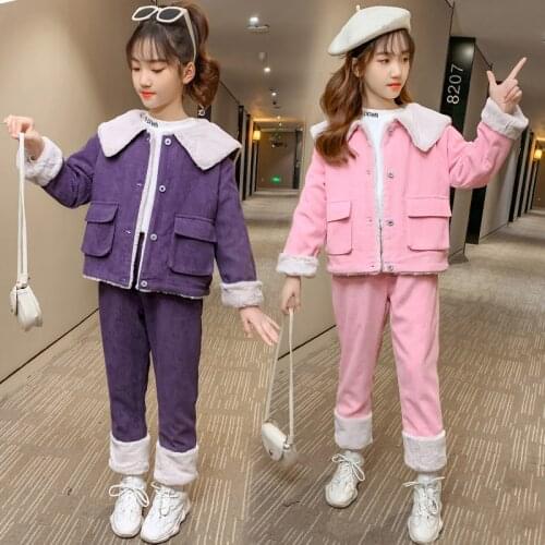 Sweet Girls Clothing Winter Keep Warm Corduroy Plush Jacket Pants 2 pieces Suit 6 7 8 9 10 Years Kids Velvet Thick Coats Outfits