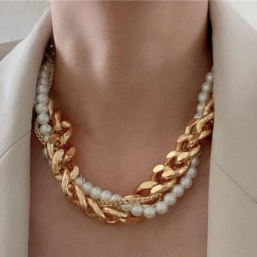 Minar Exaggerated Multi Layered Chunky Cuban Chain Chokers Necklaces for Women Simulation Pearl Beaded Pendant Necklace Jewelry