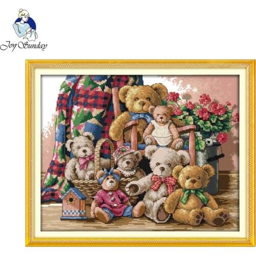 Joy sunday cartoon style Bear family stamped fabric cross stitch pattern needlepoint kits for home decoration