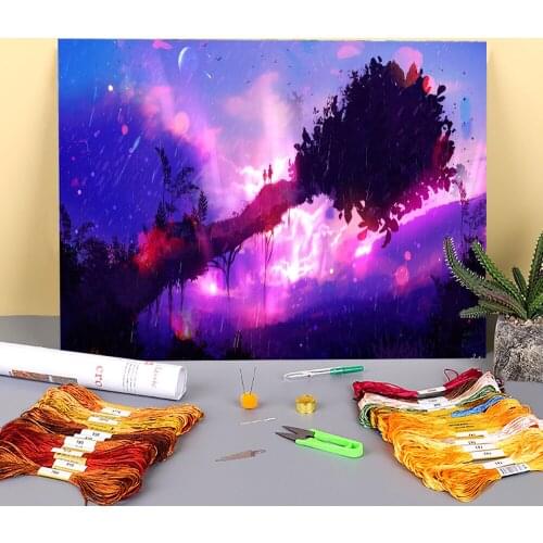 Scenery Purple Rain Printed 11CT Cross Stitch Full Kit Embroidery DMC Threads Needlework Hobby Sewing Handiwork Design Decor