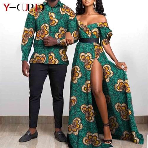 African Clothes for Couples Sexy Women Ankara Print Maxi Long Dresses Matching Men Outfit Bazin Shirts Top Party Wear Y21C001