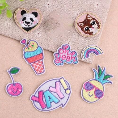 PGY 1PCS Cheap Embroidered Clothes Stickers Patches Panda Rabbit Cat Badges DIY Letters Fruit Patch Kawaii Cartoon Animal Decor