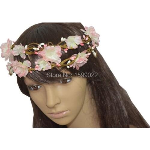 Princess Flower Halo Floral Double Row Headband Cherry Blossom Pip Berry Bride Head Garland Pink Spring Wedding Hair Accessories