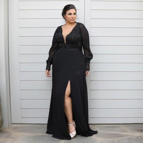 Chic Lace Mermaid Plus Size Prom Dresses Long Sleeves Plunging Neck Beaded Side Split Evening Gowns Floor Length Chiffon Formal
