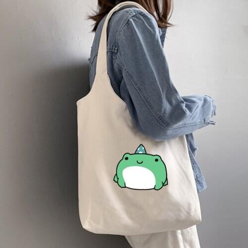 Frog Harajuku Kawaii Shopping Black Bags Cute Canvas Tote Bag Women Foldable Reusable Cloth Bag Handbag Shoulder Bags for Ladies