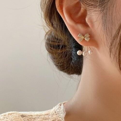 U-Magical Korean Fashion Cubic Zircon Bowknot Dangle Earring for Women Charming Gold Metallic Imitation Pearl Earring Jewelry