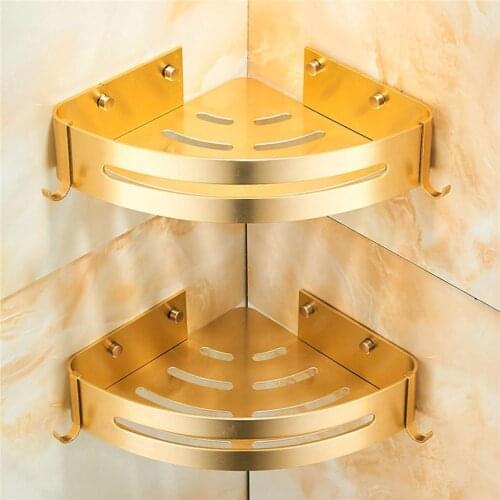 Bathroom Gold Shelf Shower Caddy Durable Aluminum 1/2/3 Tiers Shower Kitchen Storage Basket Adhesive Suction Corner Shelves