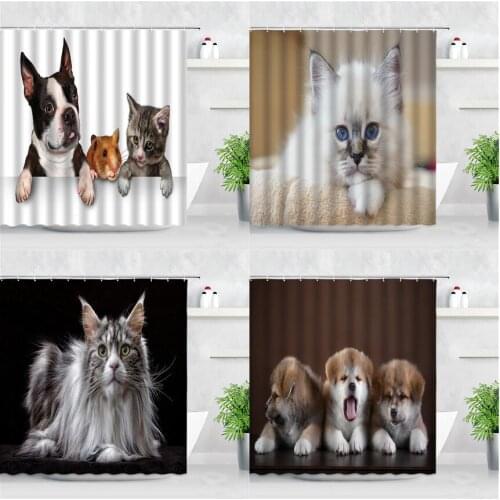 Cute Animals Cat Dog Shower Curtain French Bulldog Funny Pet Waterproof Fabric Home Decor Screen With Hooks Bathroom Curtain Set