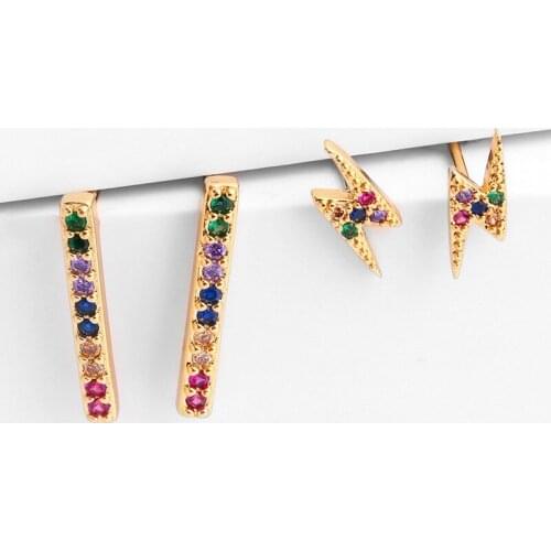 Trendy Punk Gold Color Lightning Crystal Stud Earrings For Women Geometric Rainbow Strip Vintage CZ Earrings Statement Jewelry