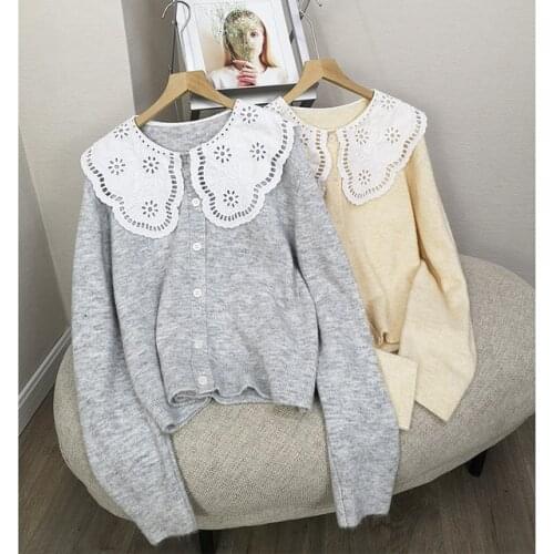 Womens Peter pan Collar Sweater Embroidery Hollow out Long Sleeve Single Breasted Sweet 2021 Spring Female Knit Cardigan