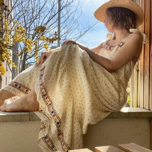 Embroidery Strap Long Dress Women Summer Autumn Sleeveless Cotton Chic Elegant Dresses Floral Vintage Loose Maxi Dress 2021