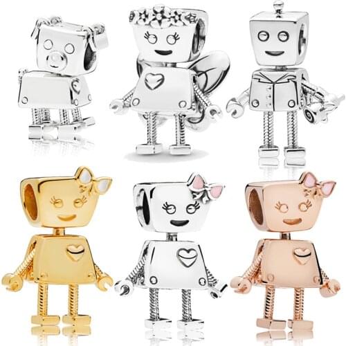 100% Sterling 925 Silver Robot Dog Flower Fairy Charms fit Bracelet Bangle Mix Style Robot for DIY Bead Jewelry Making