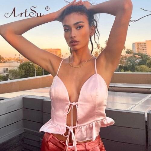 ArtSu Cute Ruffles Pink Lace Up Summer Satin Tops 2021 Women Hollow Out Spaghetti Strap Black Camis Tops Sexy Crop Top Party