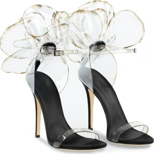 Bowknot stiletto banquet dress sandals female summer new style flower transparent performance one word buckle large size sandals