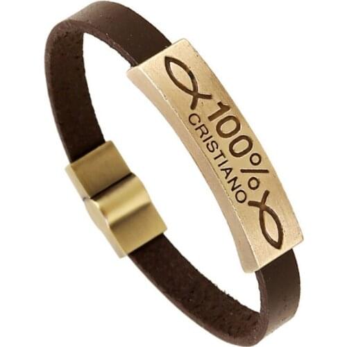 Vintage Fashion Cristiano Fish Magnetic Clasp Bracelet Cuff Retro Genuine Leather Bronze Charm Wristbands Unisex Bangle Jewelry